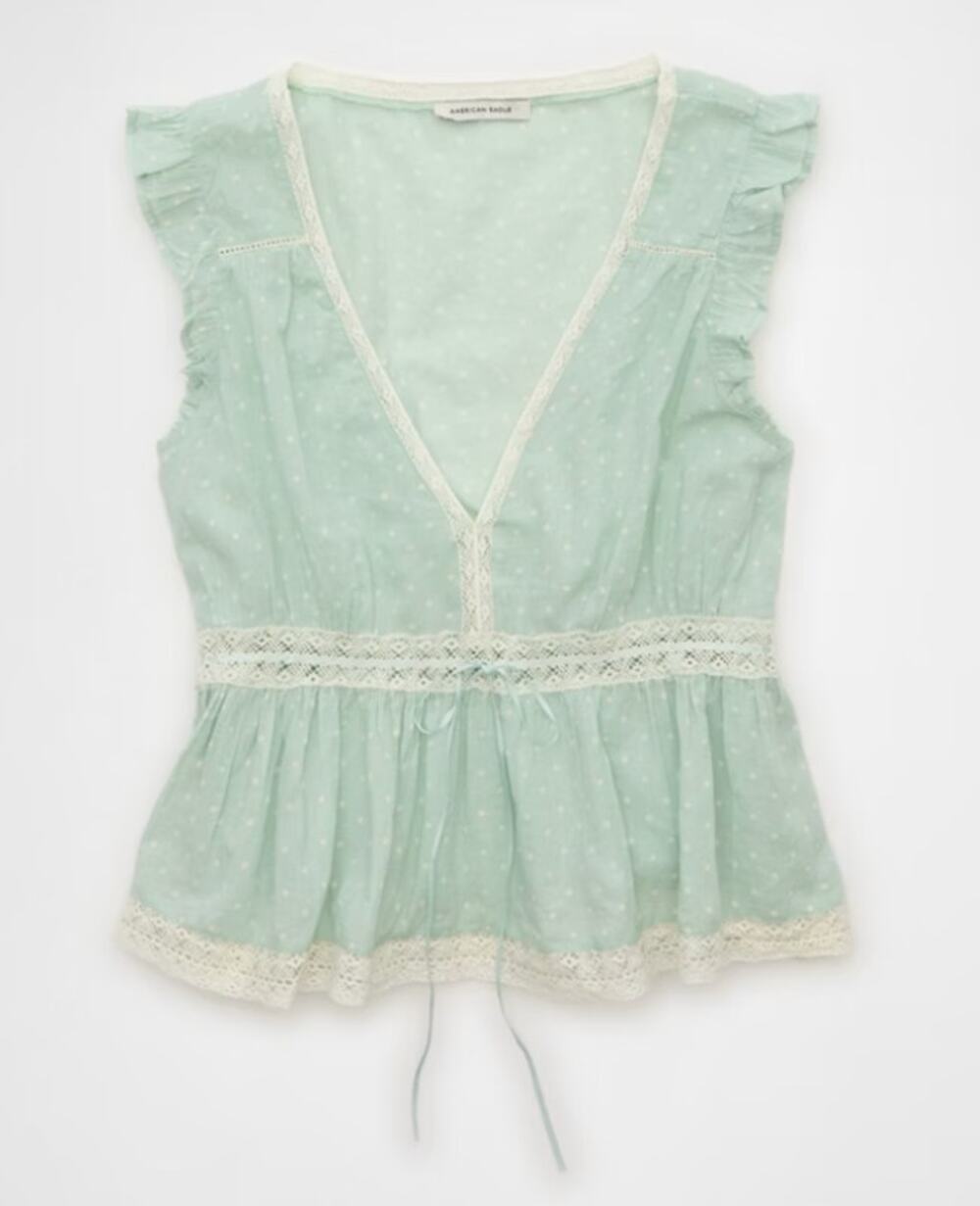 ⁠American Eagle AE Lace Trim Flutter Sleeve Blouse Color Mint Size XS